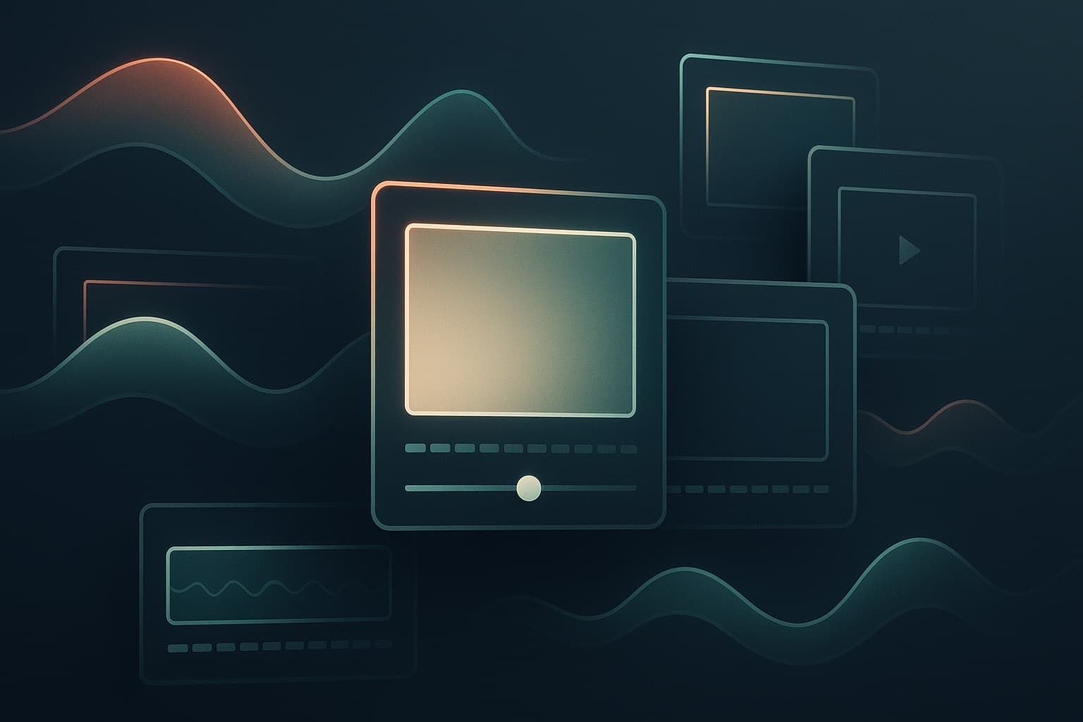 Coral-toned abstract film frames drifting over a calm sea, representing AI video tools